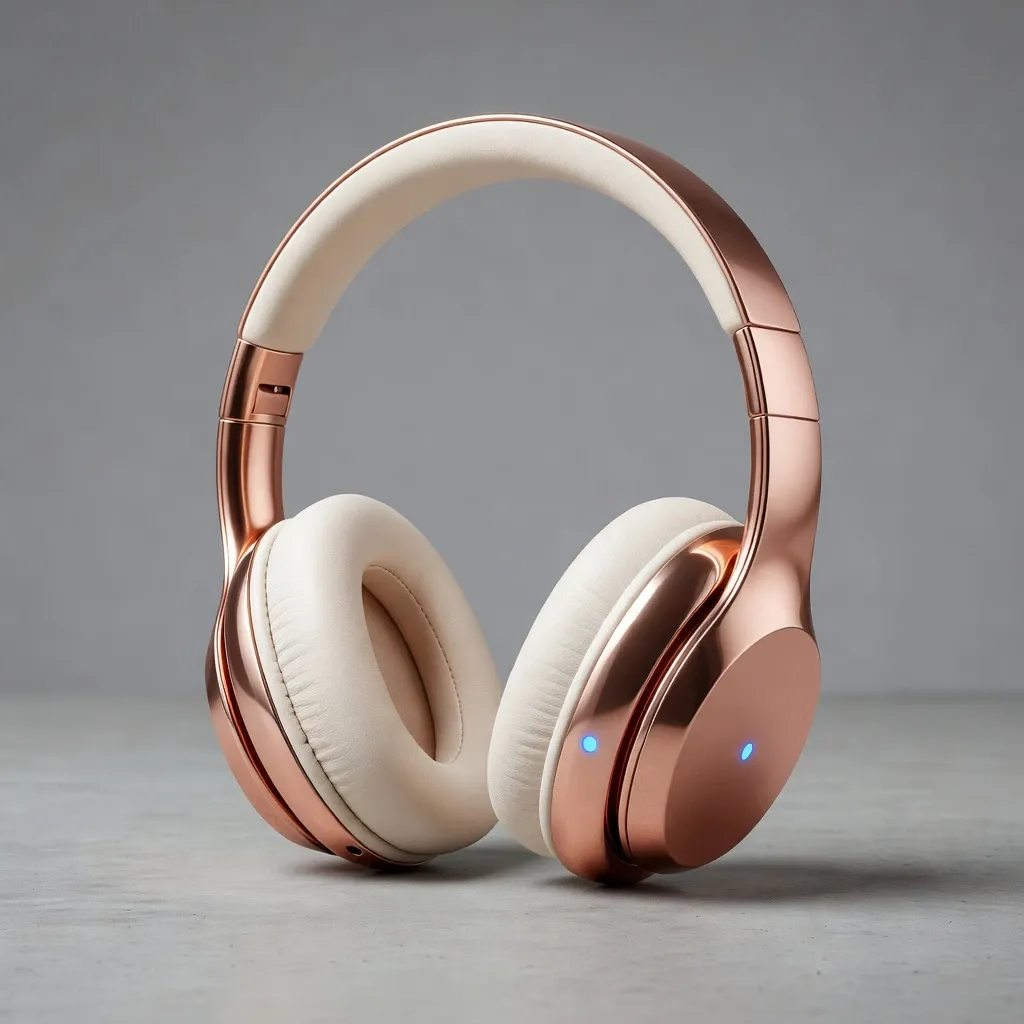 Auriculares inalámbricos de metal oro rosa de alta gama sobre fondo gris minimalista liso