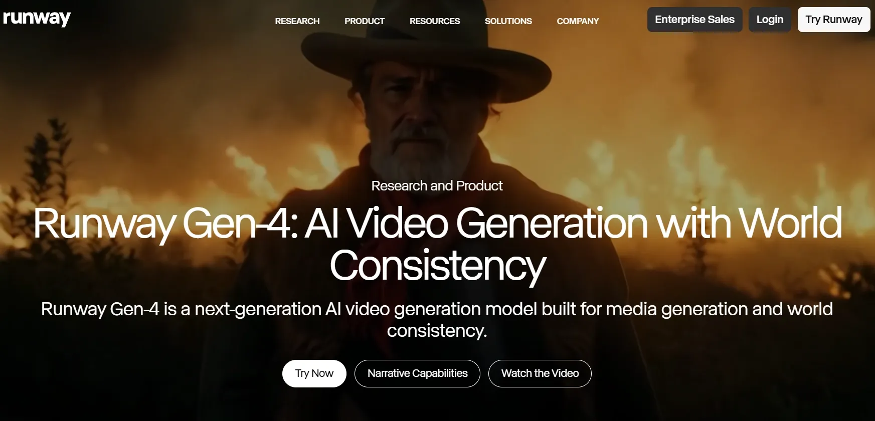 A man in a hat stands against a fiery background promoting AI video generation.