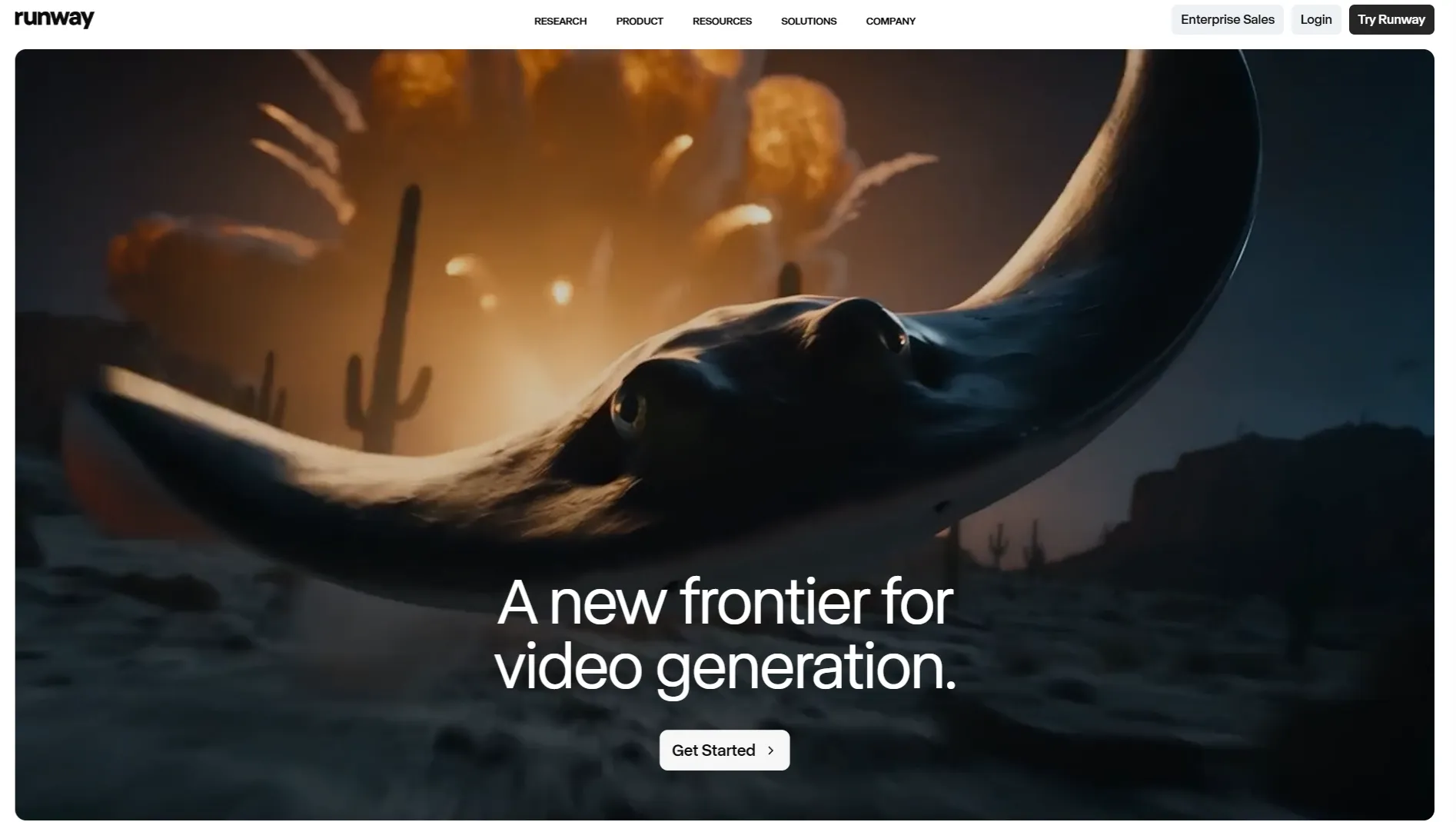 Runway video generation homepage with cinematic desert scene