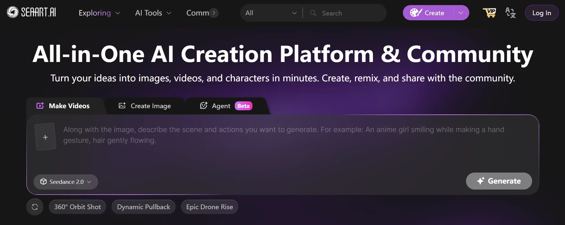 SeaArt AI homepage featuring AI video, image, and agent creation tools