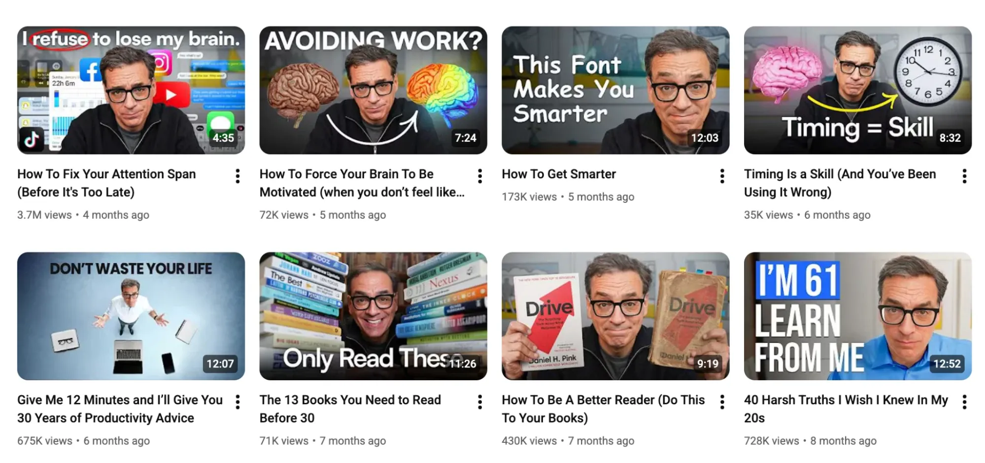 A collection of YouTube video thumbnails focused on self-improvement topics such as attention span, reading, and life advice