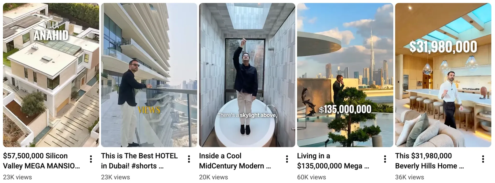 一个YouTube Shorts频道,专门展示豪华房地产和酒店参观视频,采用竖屏缩略图。