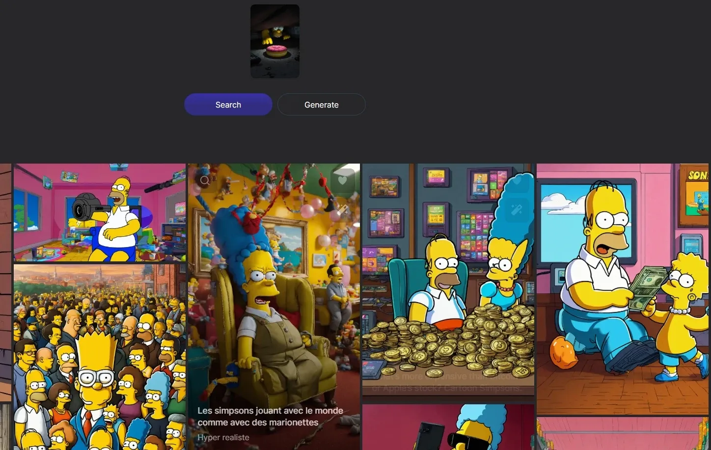 Plataforma de arte de IA mostrando botões de busca e geração com uma galeria de imagens geradas de Os Simpsons