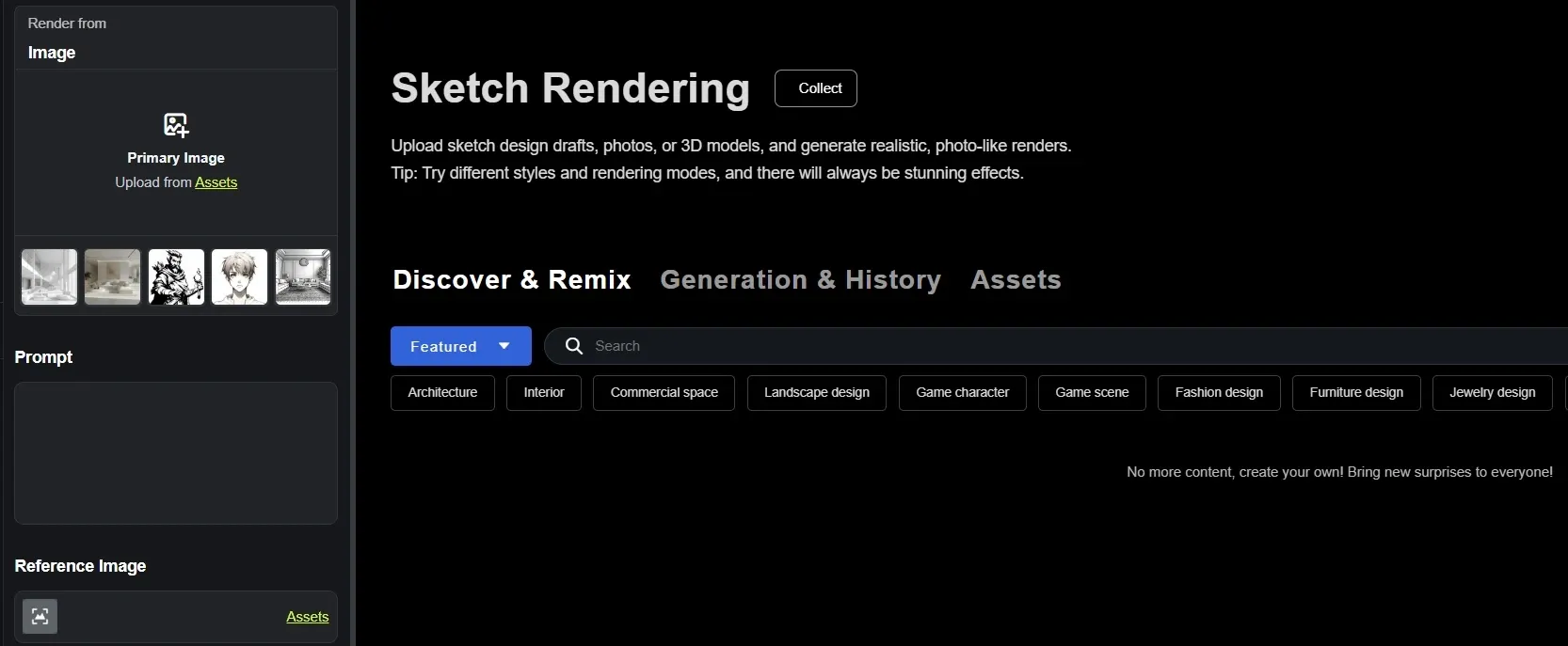 Interfaz web de la herramienta de renderizado de bocetos con IA, mostrando introducción de funciones y etiquetas de categoría de diseño
