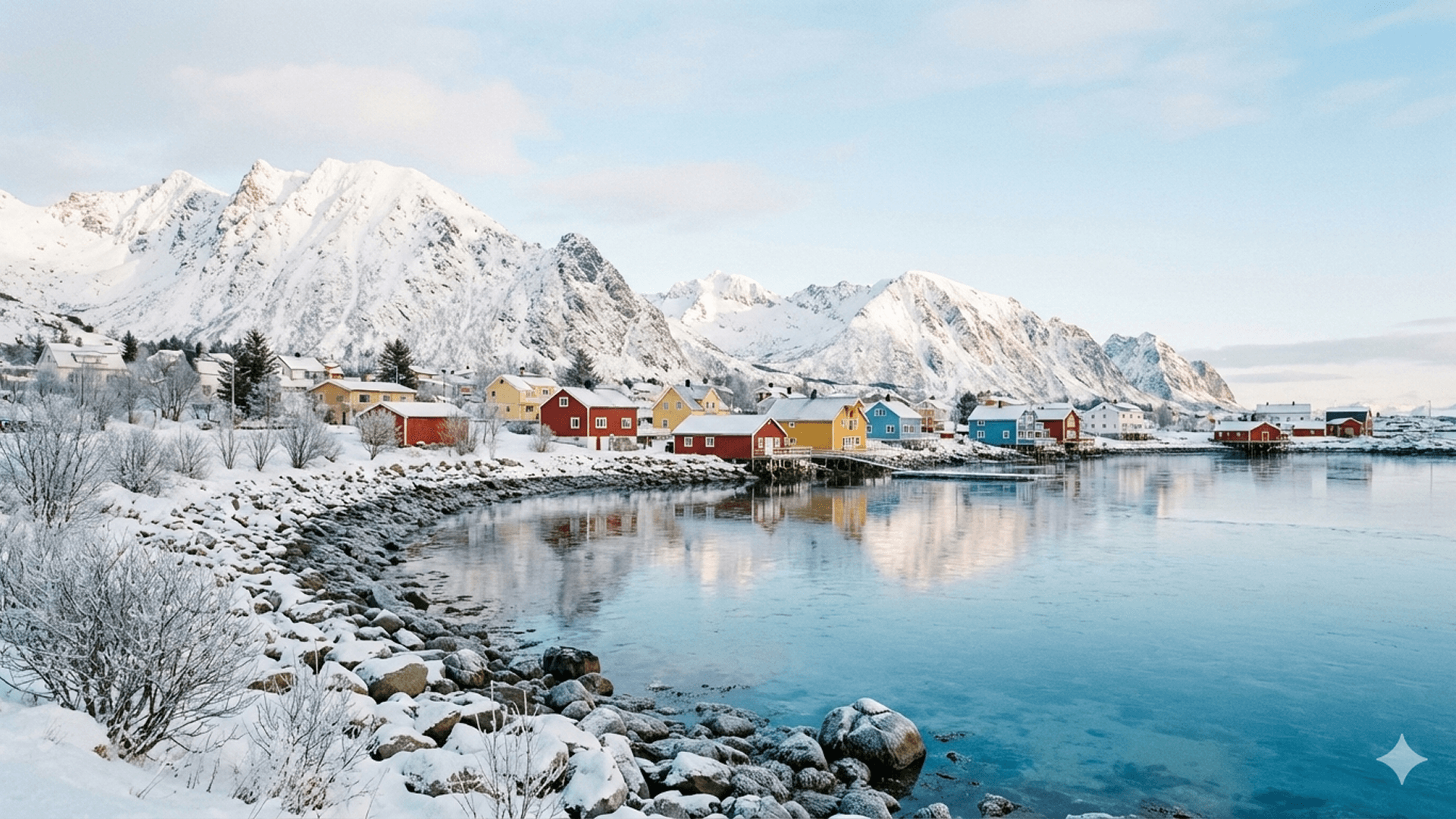 A snowy coastal village with colorful houses in daylight