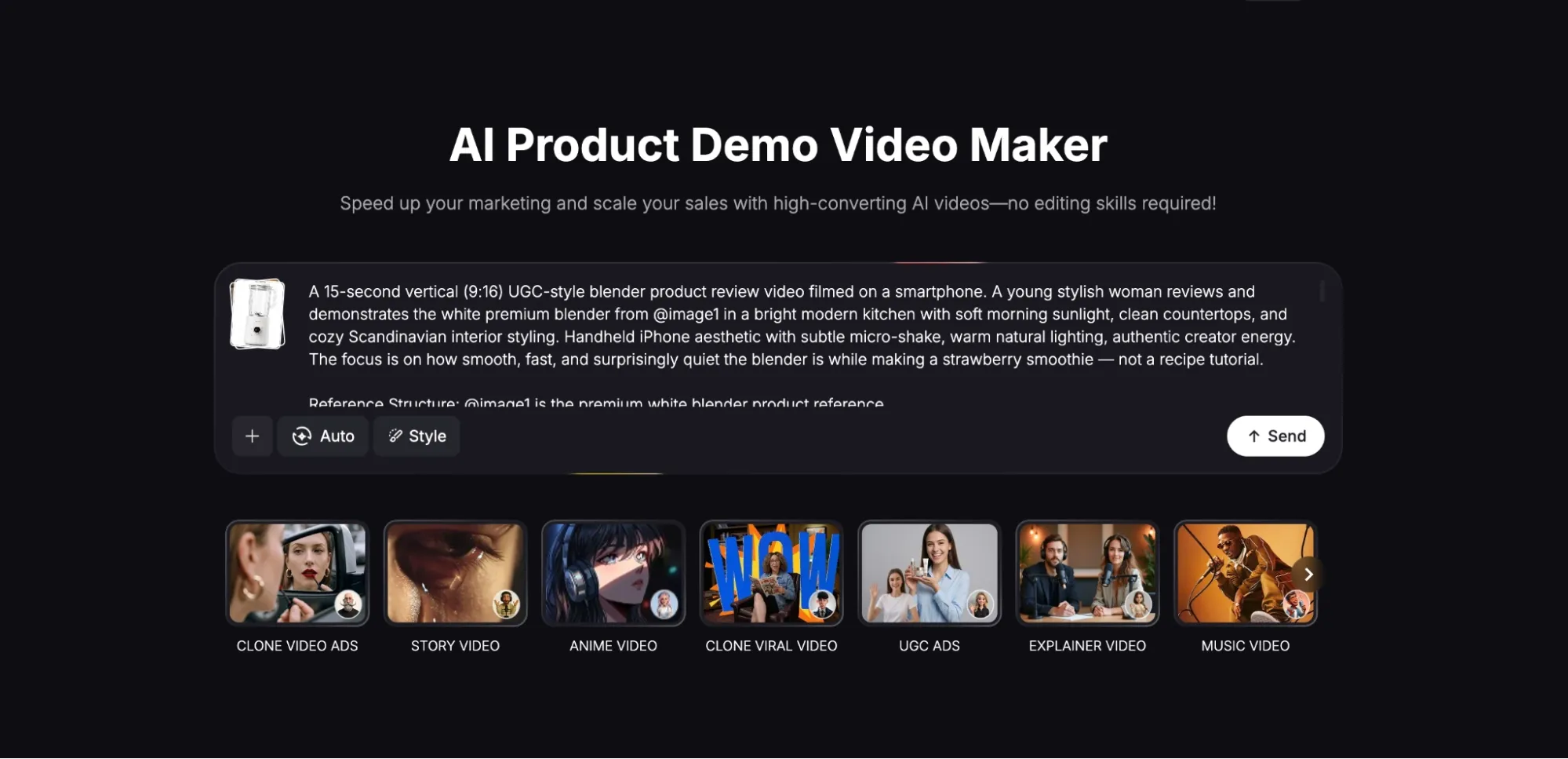 Introduzca una solicitud que describa la demostración del producto que desea crear.