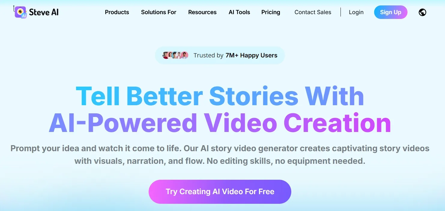 Steve AI homepage promoting AI-powered story video creation platform