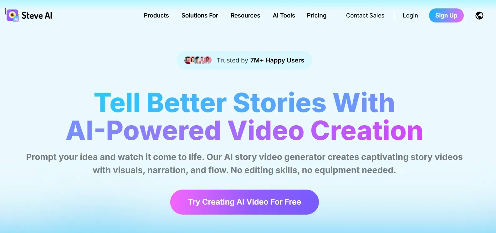 Steve AI homepage for AI-powered story video creation and narration