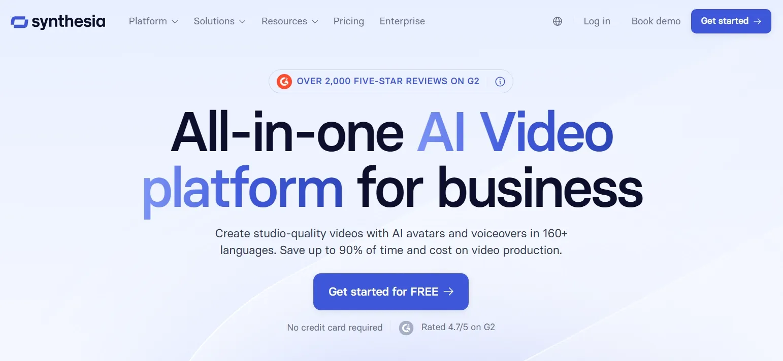 Synthesia homepage for business AI videos with avatars and voiceovers