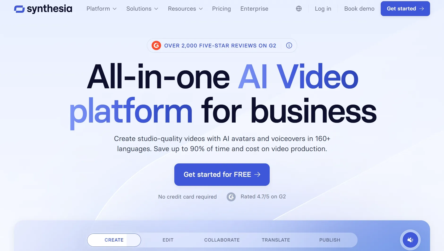 Synthesia homepage for business AI video creation