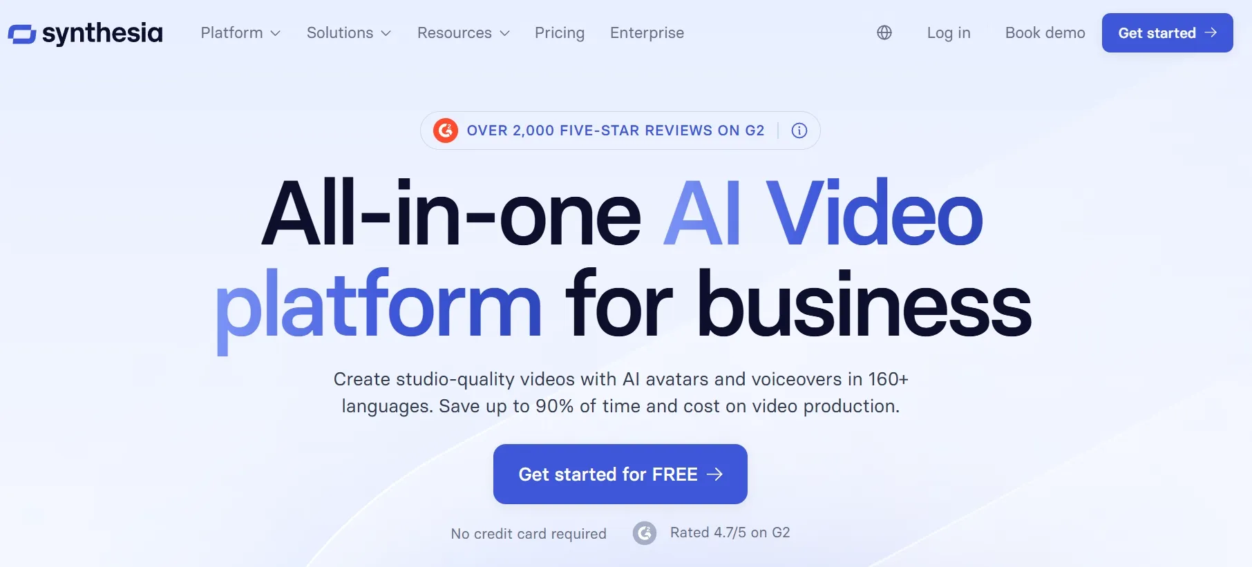 Synthesia homepage showing an AI video platform for business