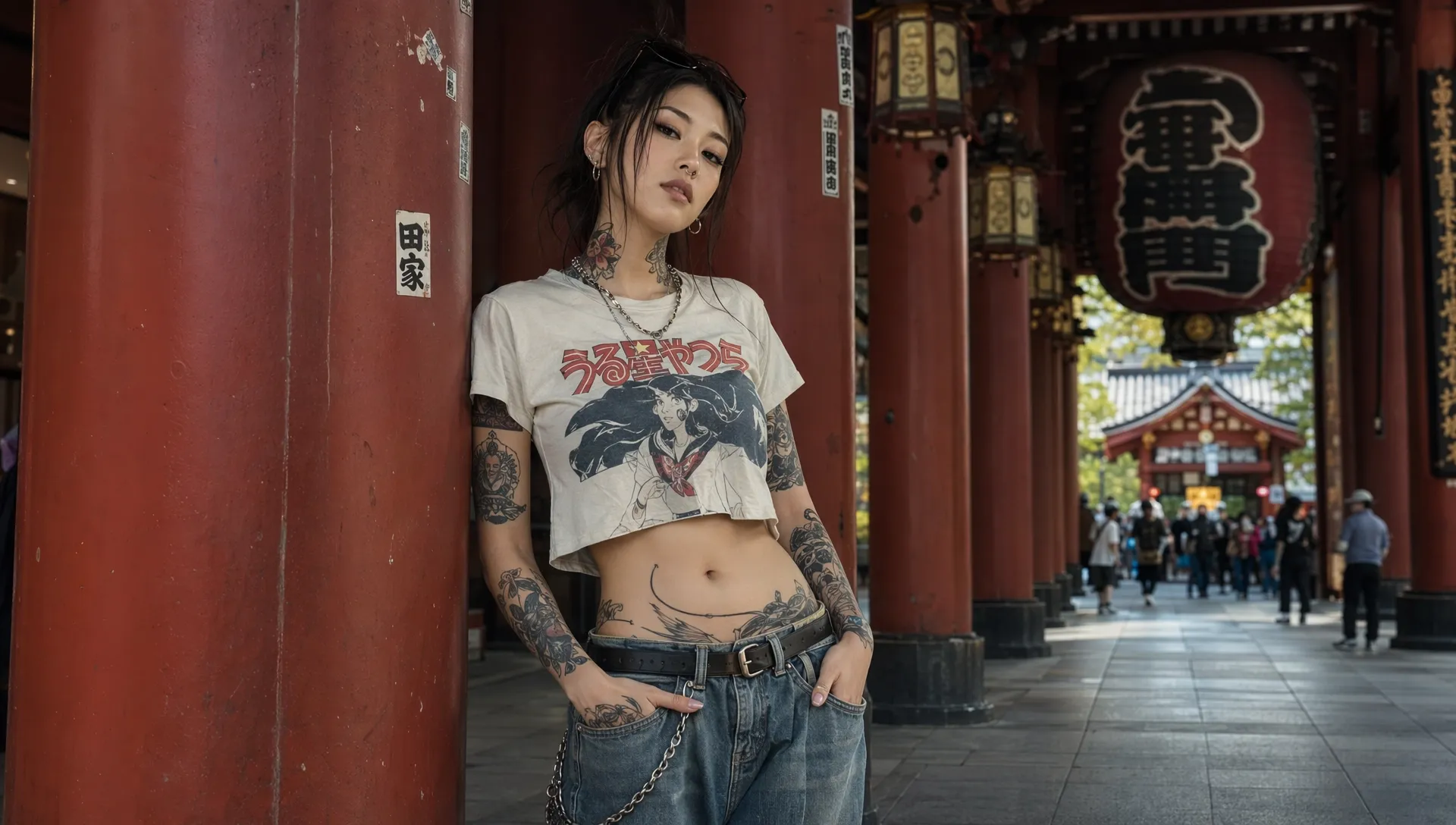 A tattooed woman poses in a cropped shirt near red pillars.