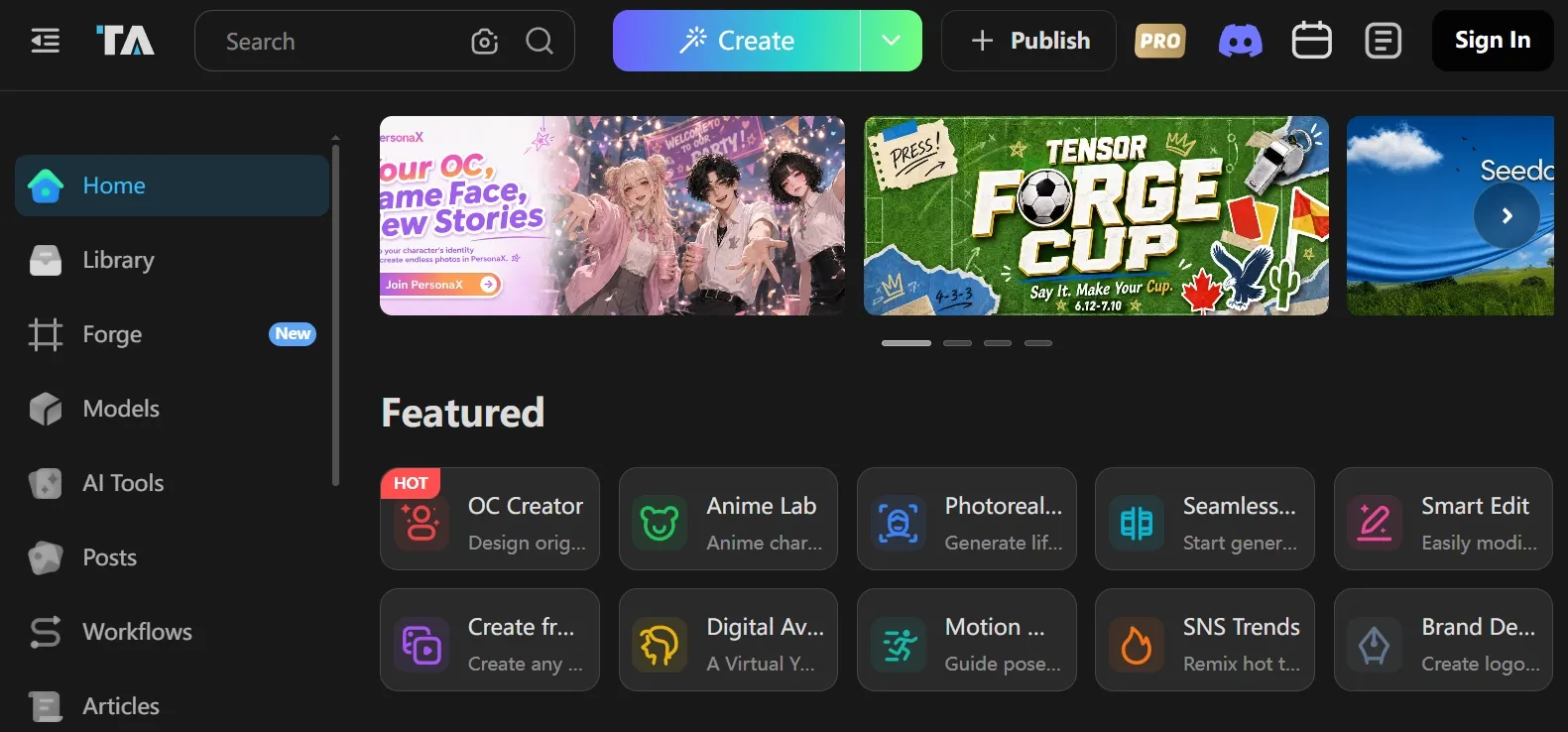 Tensor.Art homepage showing featured AI tools and creator dashboard