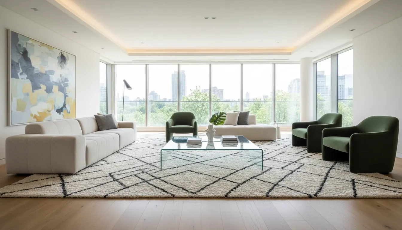 gran salón con una mesa de centro de cristal en el medio