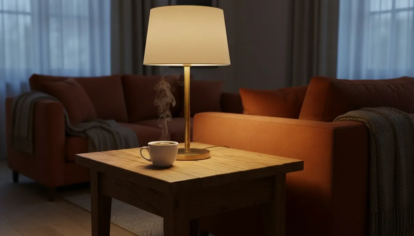 una taza de café caliente sobre el escritorio junto a una lámpara