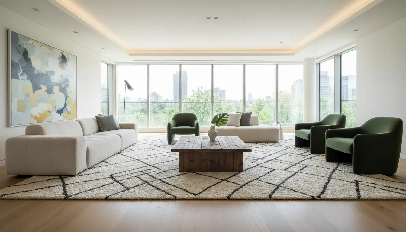 un gran salón con una mesa de centro de madera oscura en el medio