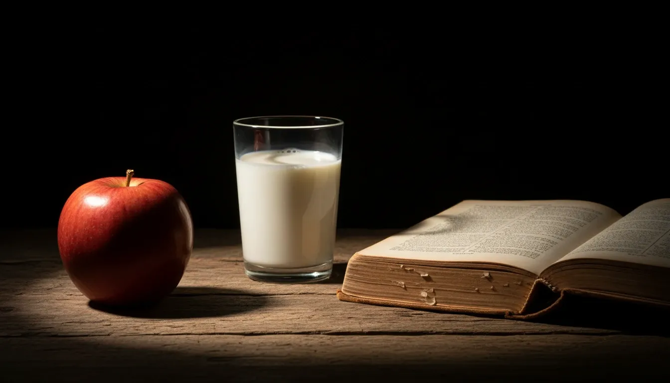 una manzana, un vaso de leche y un libro