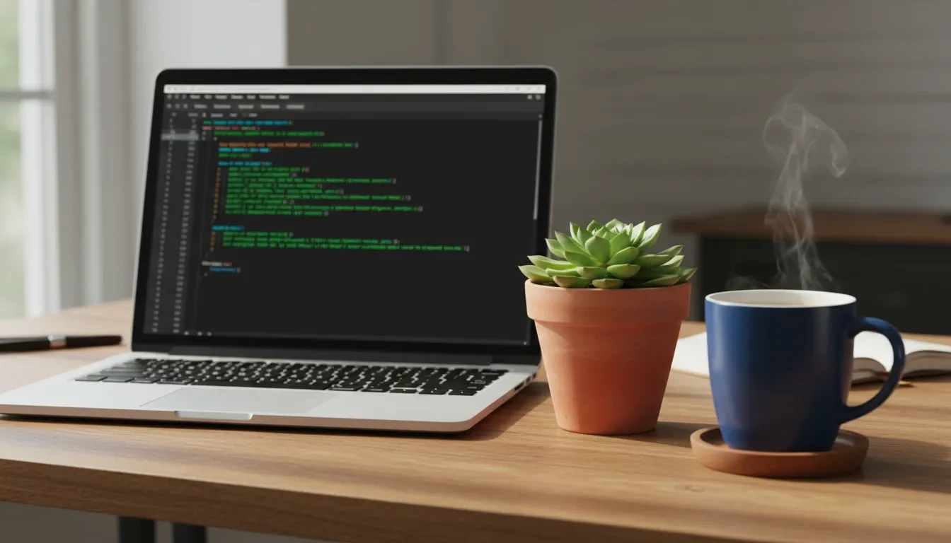 un escritorio ejecutando códigos y una pequeña planta y una taza de té