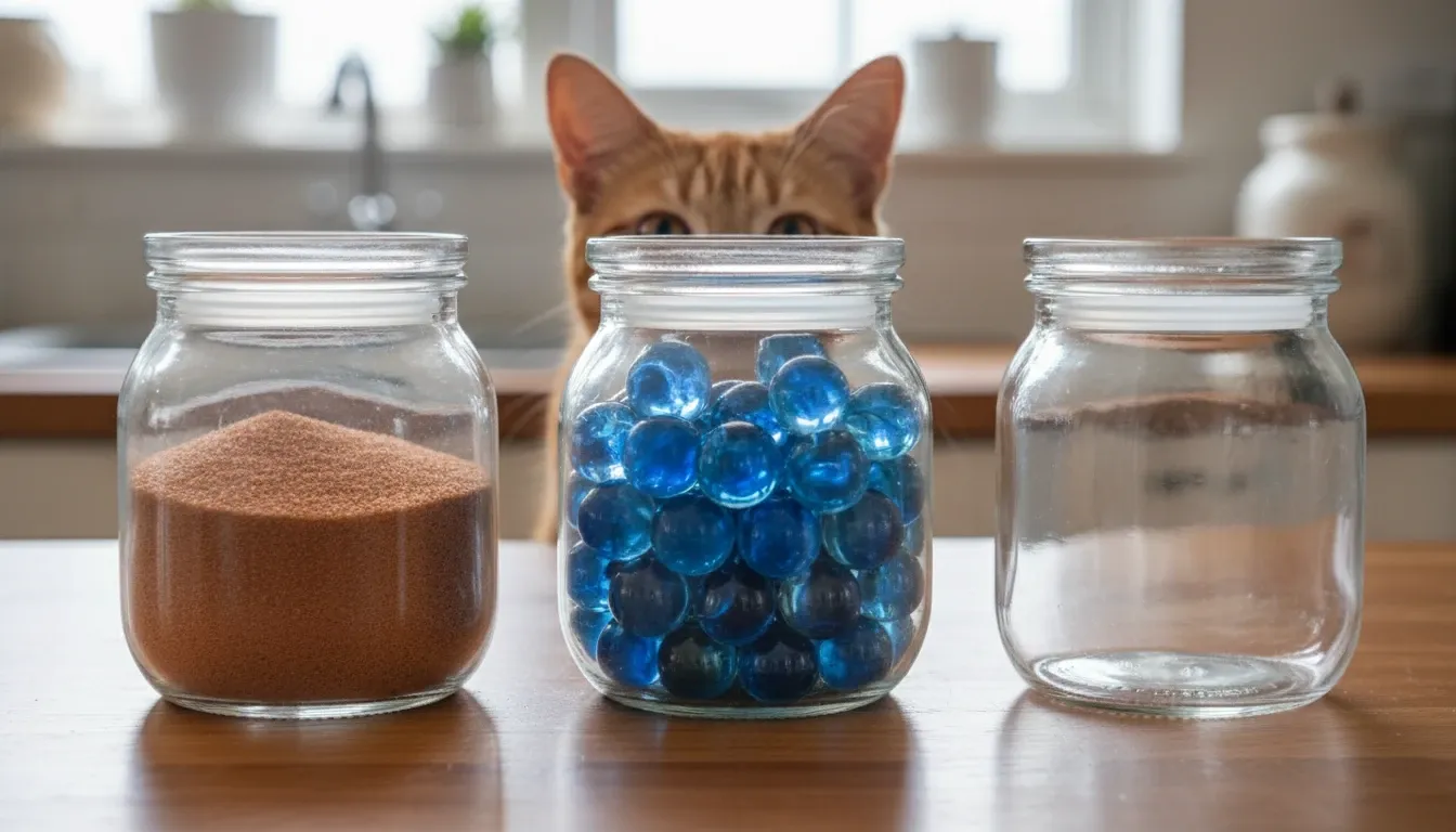 un gatito se esconde detrás de tres frascos