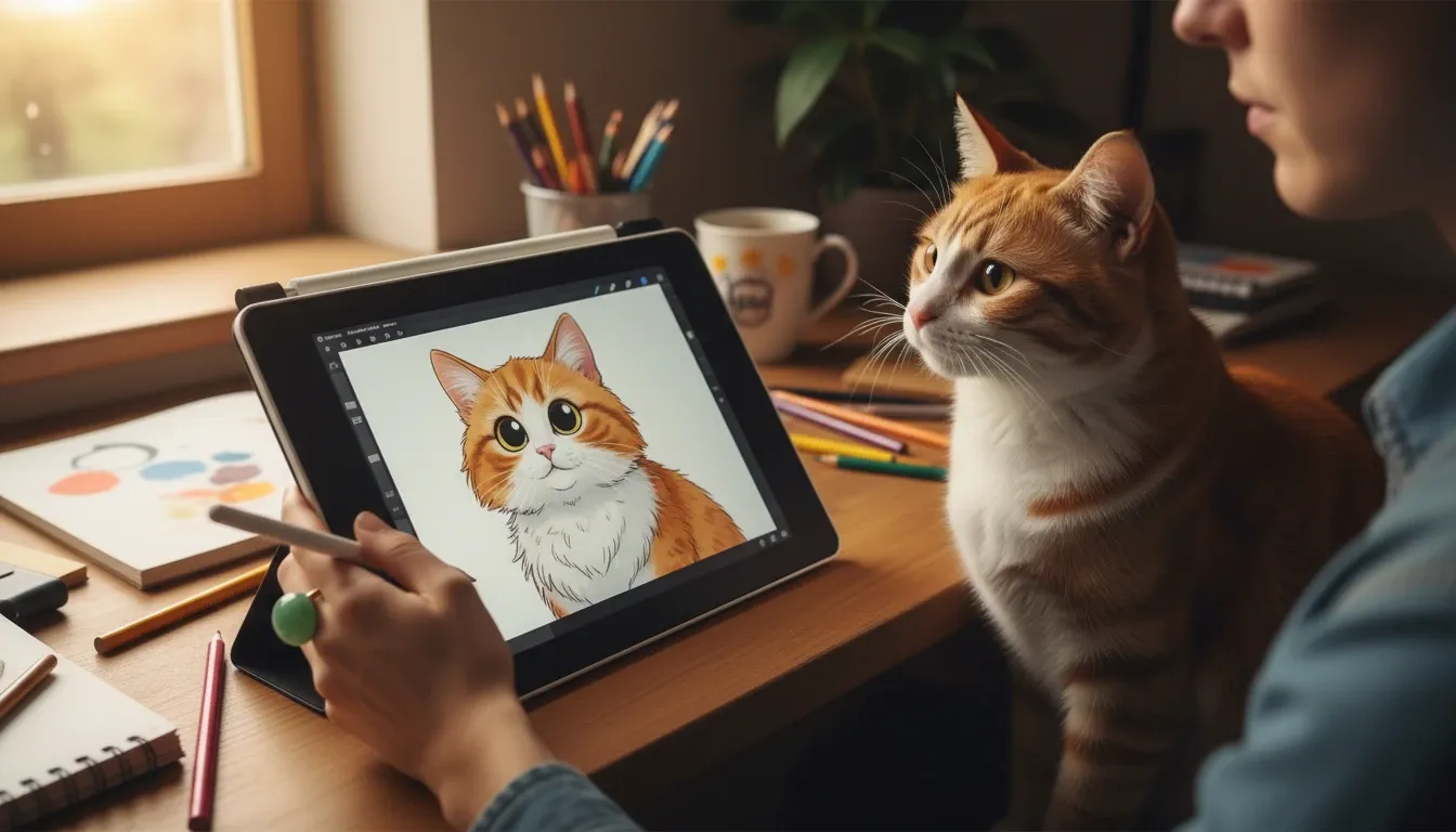 un gato está viendo su retrato