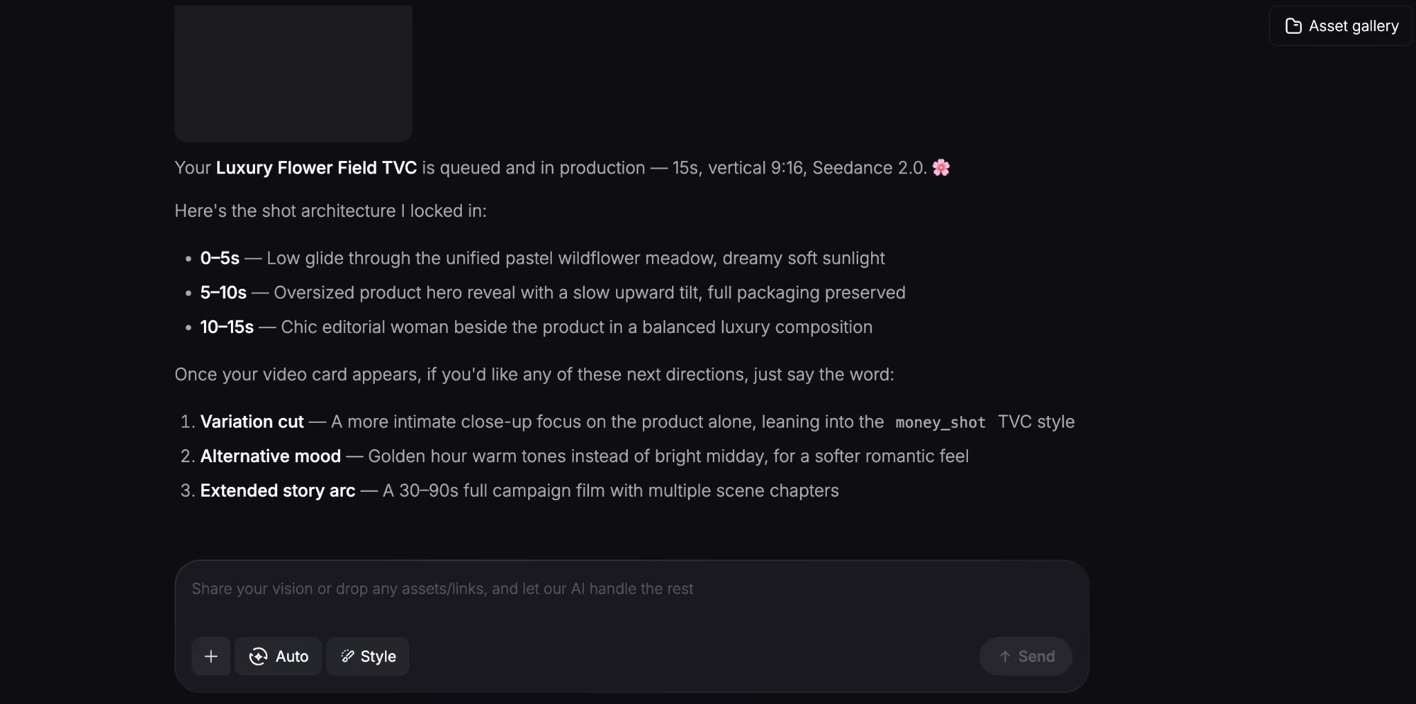 Text description of a luxury flower field TV commercial production plan.