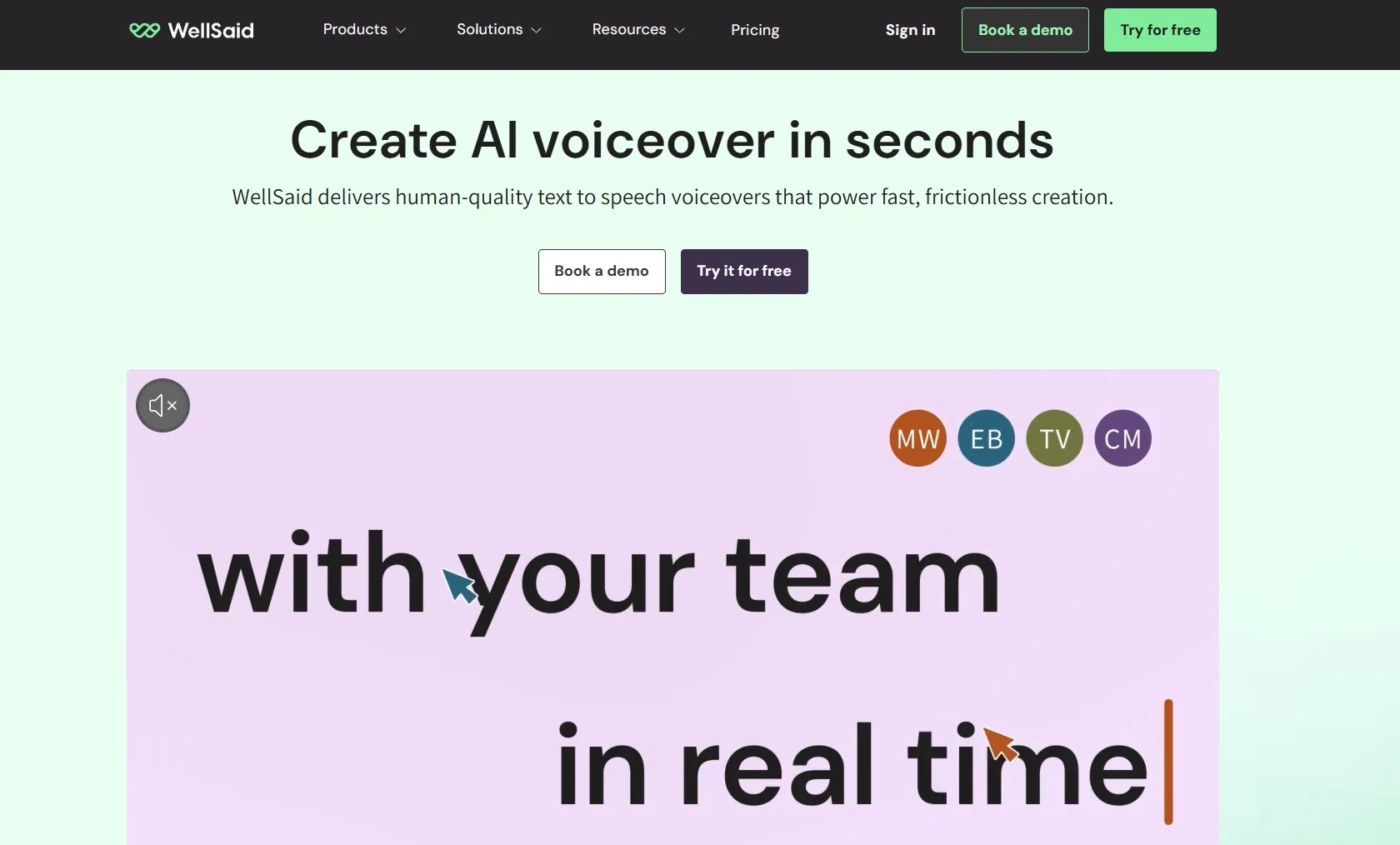 Text promoting AI voiceover creation with team collaboration in real time.
