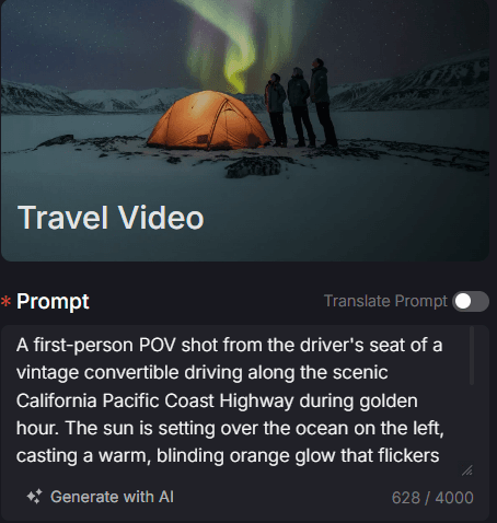 Travel video preview showing a camping scene under the northern lights with a prompt input box