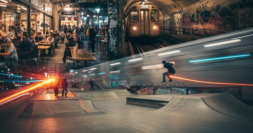 Uno skater che esegue acrobazie in uno skatepark al coperto di notte, con un treno della metropolitana in corsa che attraversa il tunnel ricoperto di graffiti e una vivace area salotto di un ristorante sullo sfondo