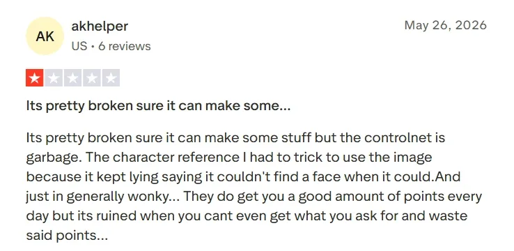 User feedback on PixAI with rating of 1 star