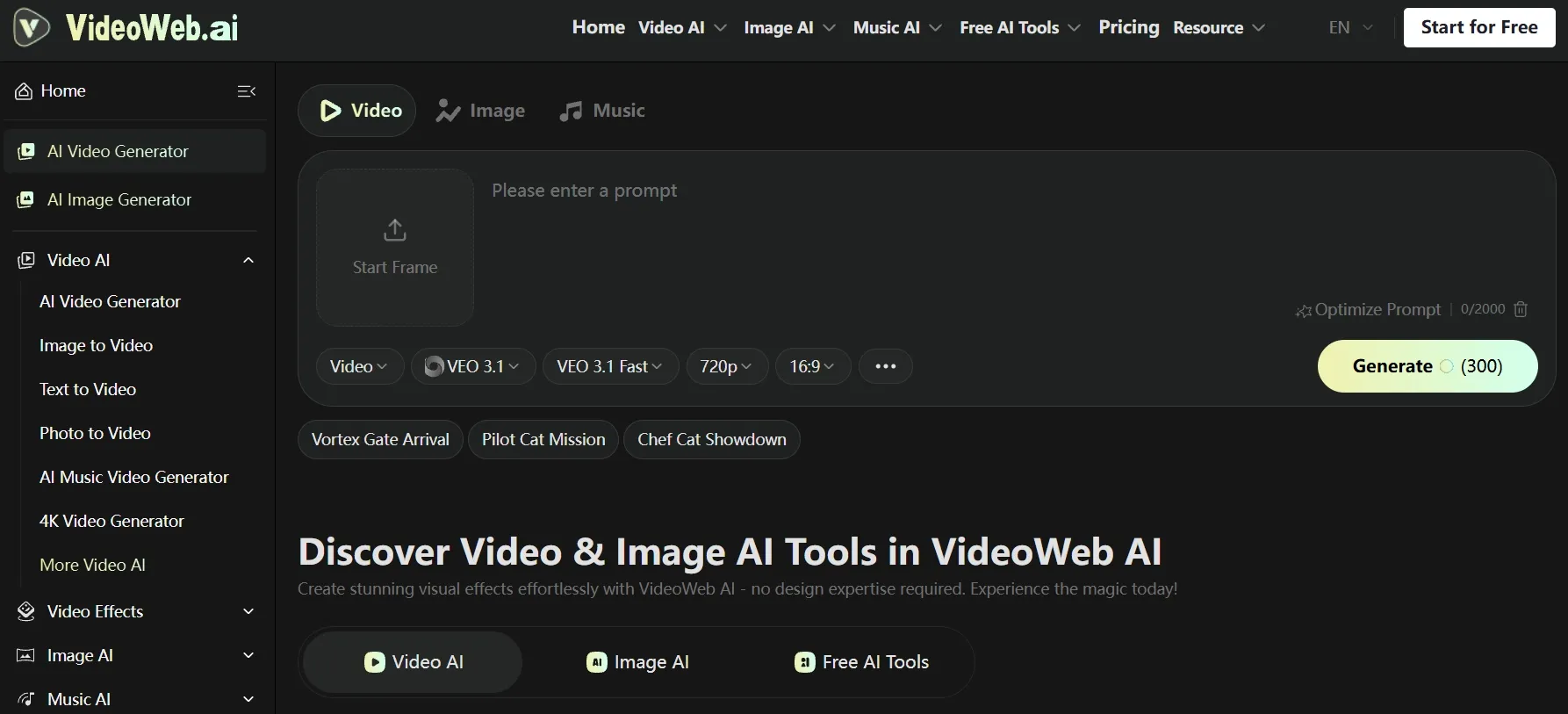 VideoWeb.ai 的用户界面展示了视频和图像 AI 工具。