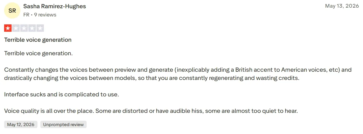User review criticizing voice generation quality and interface issues.