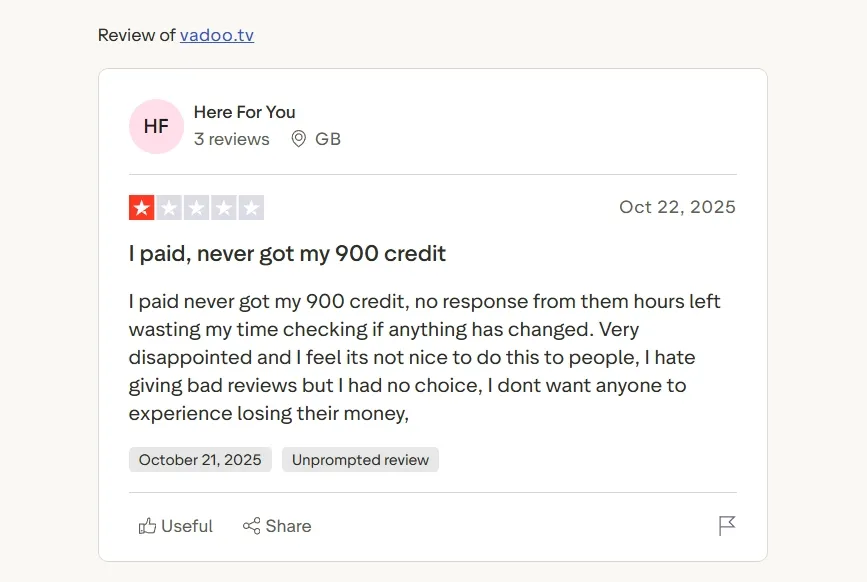 User review expressing frustration over not receiving paid credit from vadoo.tv.