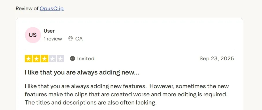 User review of OpusClip highlighting feature updates and editing issues.