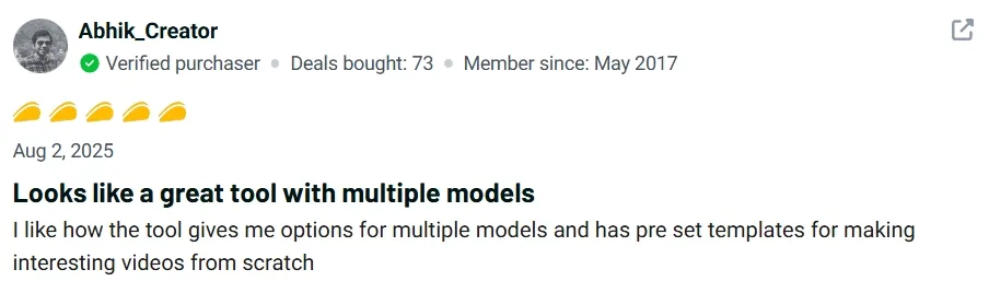 User review praising a tool for its multiple model options and templates.