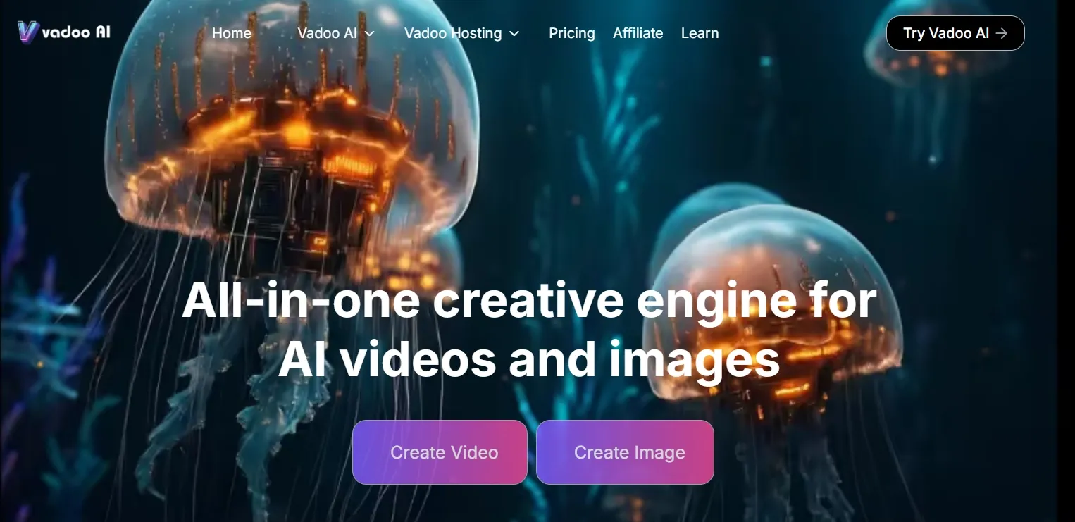 Vadoo AI homepage featuring creative engine for videos and images