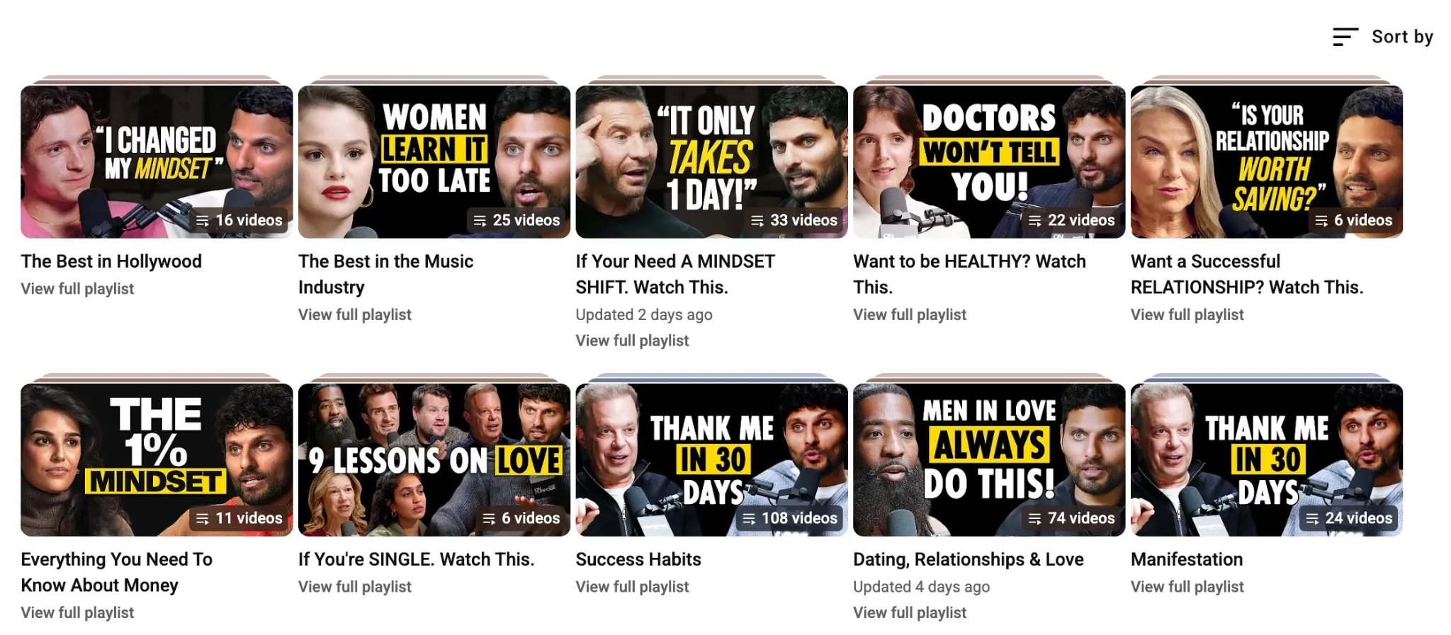 Various YouTube playlists focused on mindset, health, and relationships.
