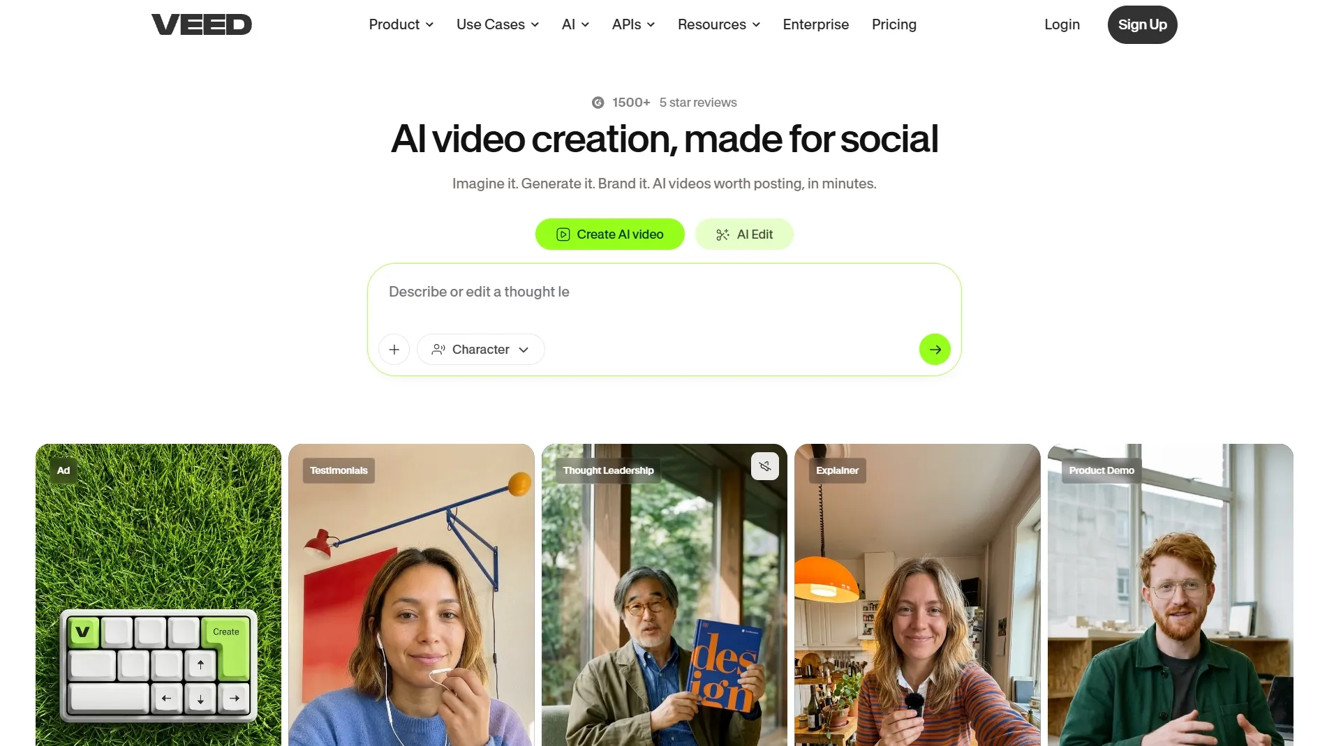 VEED homepage promoting AI video creation for social media content