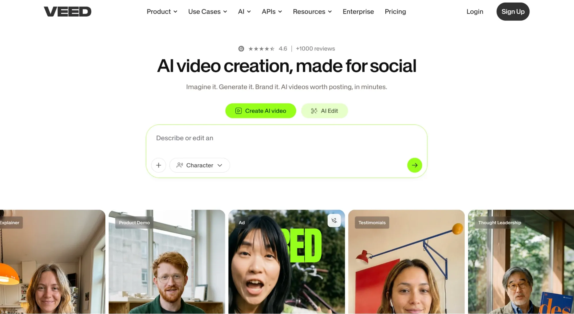 VEED homepage promoting AI video creation for social content