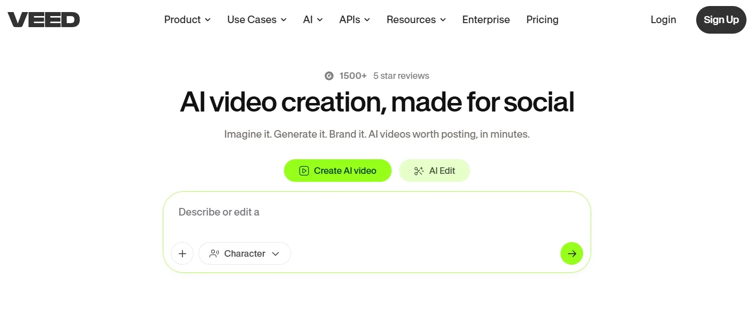 VEED homepage focused on AI video creation for social media