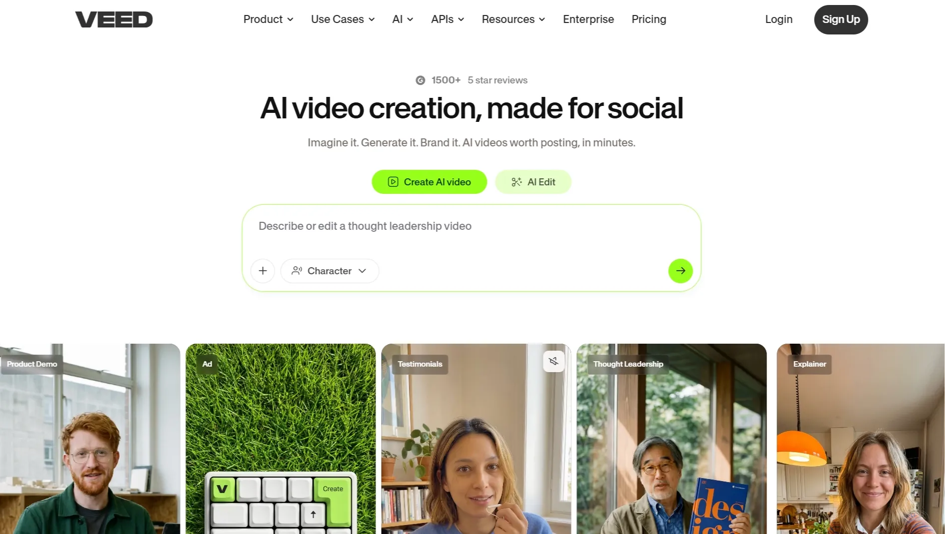 VEED AI social video creation homepage with prompt box and video examples
