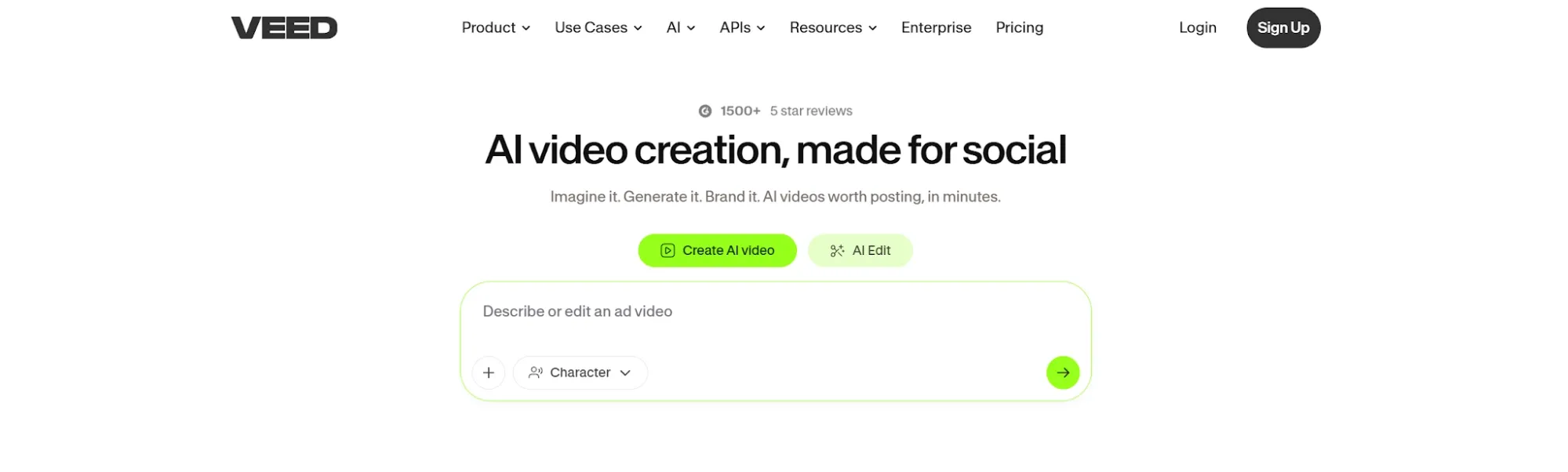 VEED homepage for social AI video creation and editing