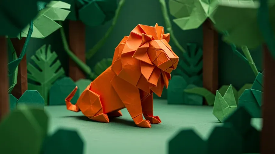 An orange paper lion is standing in the paper forest.