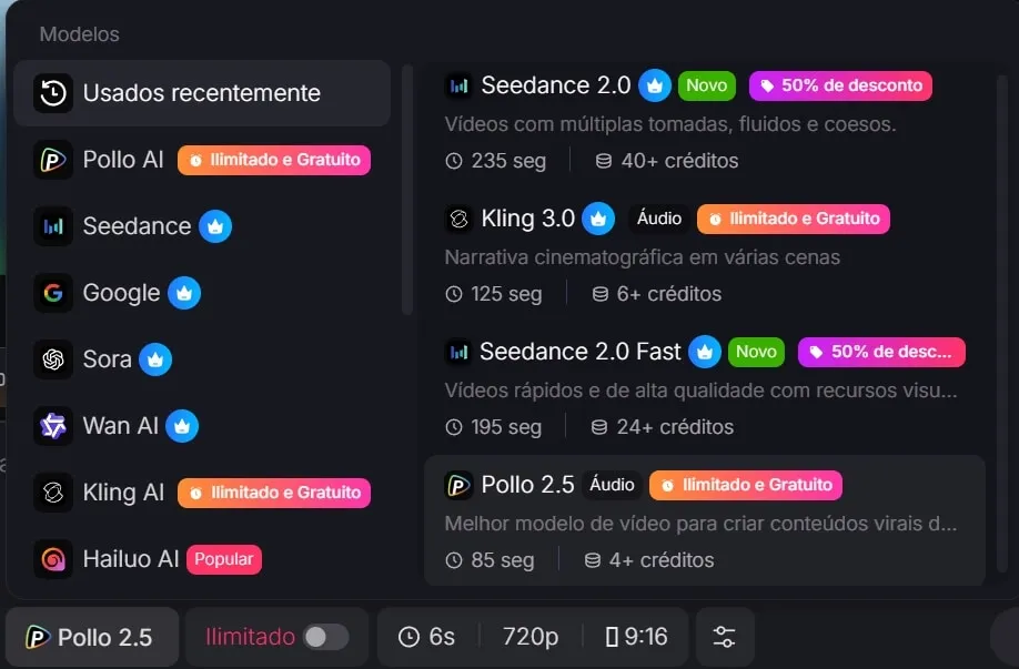 Seleção de modelo de vídeo no Pollo AI para card animado