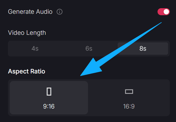 AI video settings panel highlighting enabled generate audio toggle, 8s video length, and selected 9:16 aspect ratio