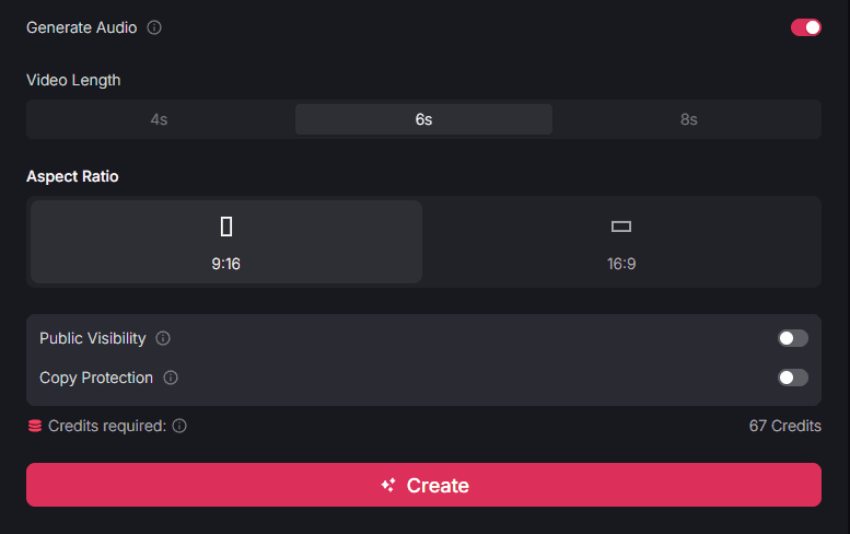 Video creation settings interface showing storyboard count, aspect ratio options, public visibility, and credit usage