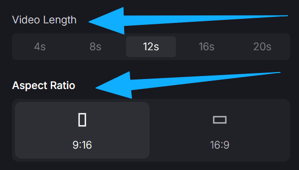 Video editing interface showing options to select video duration and aspect ratio