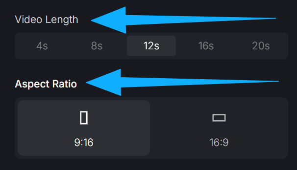 Video editing interface showing options to select video duration and aspect ratio