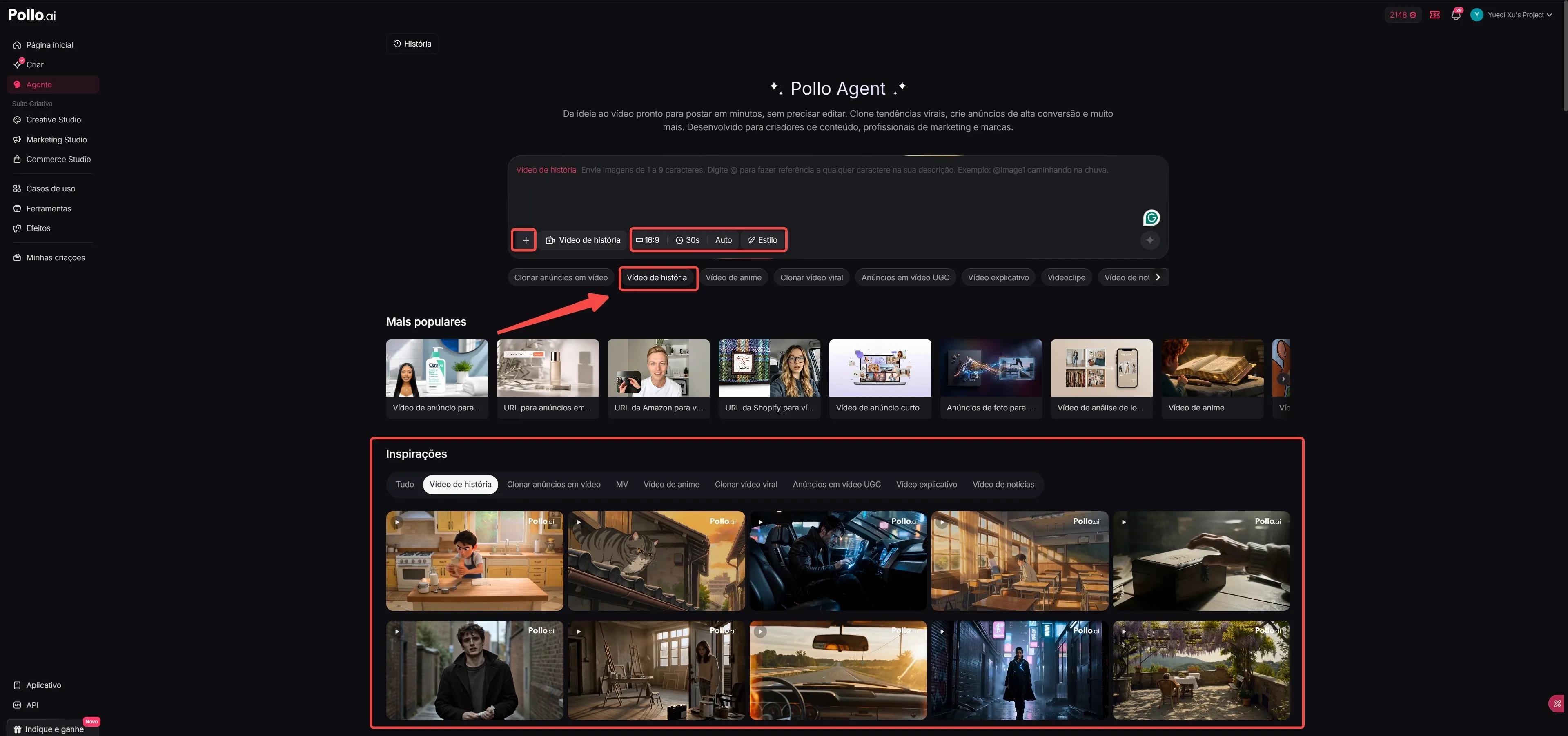 interface do Pollo Agent que cria vídeos narrativos com IA