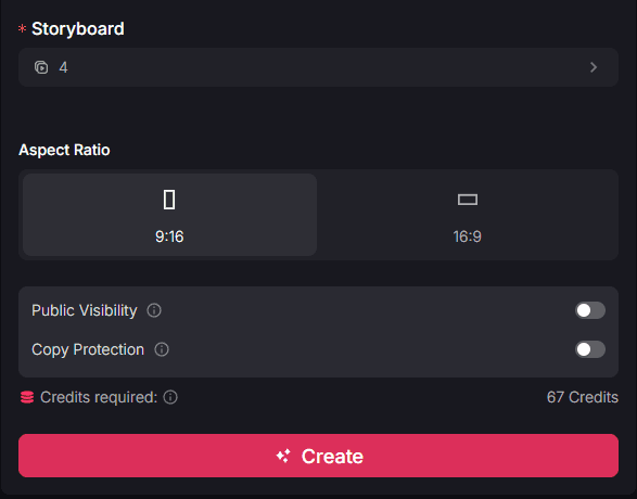 Video generation settings interface with aspect ratio options and create button