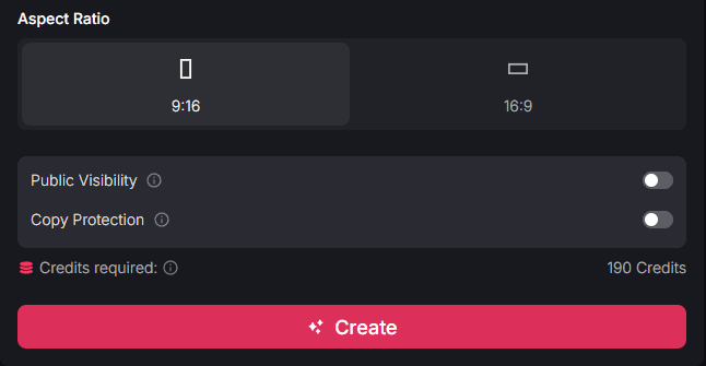 Video generation settings interface with aspect ratio options and create button